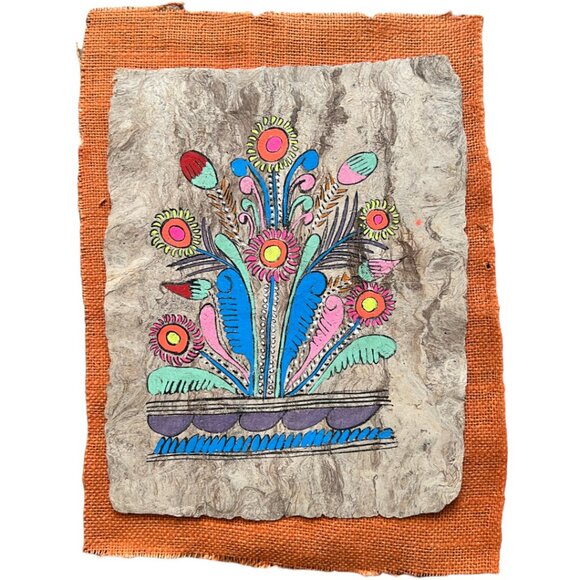 Vintage Mexican Amate Bark Painting – Floral Hand-Painted FOLK ART w/ Burlap Mat - Picture 1 of 16